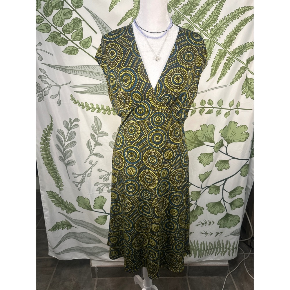 LIZZATTI Dress Geometric Print Teal‎ Yellow Midi V Neck Cap Sleeve Womens Size 8